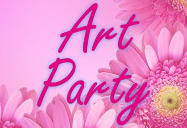 Rosa bakrgrund med rosa blommor och texten "Art Party" skriven.