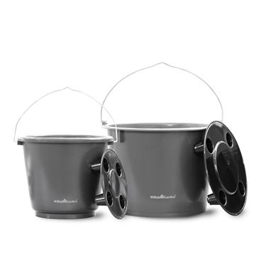 Jämförelsebild på planteringshinkar med underbevattning. Storlekarna jämför 12 liter och 20 liter