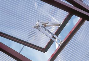 Fönsteröppnare till växthus, med kraftig returfjäder, vinröd.