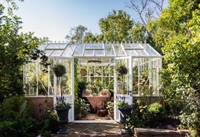 Vitt växthus på mur