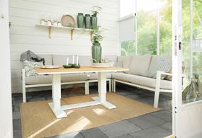 Sunflower Soffgrupp i miljö. Bilden har ett vackert motljus och en grön och vacker bakgrund